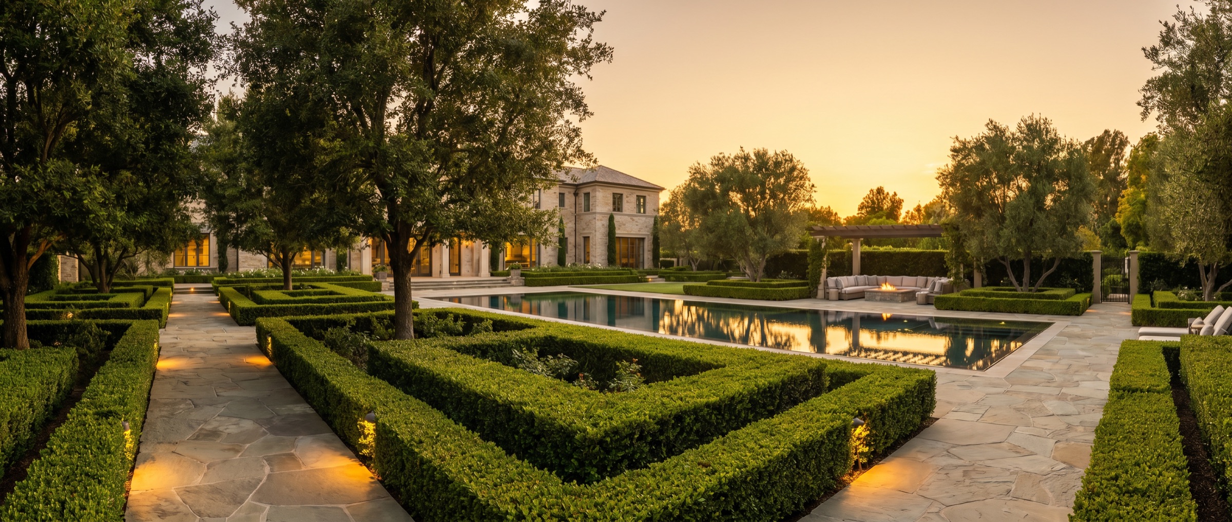 Designed garden with mature planting, paved terrace and integrated irrigation by Platinum Buildex