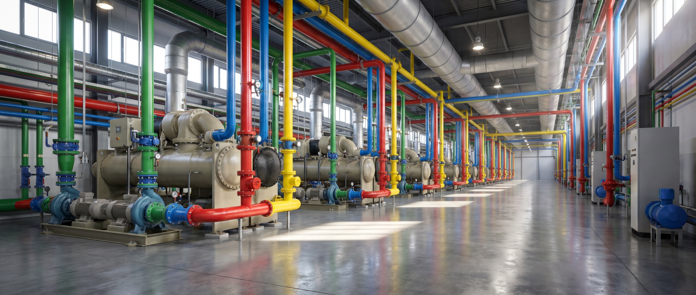 Color-coded MEP plant room with chillers, pumps and distribution by Platinum Buildex
